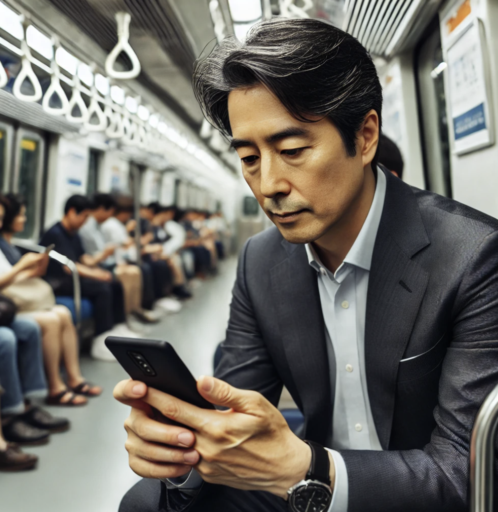 스마트폰 앱으로 건강보험 정보를 확인하는 남성 