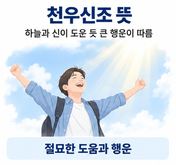 천우신조 뜻이라는 제목과 위기에서 뜻밖의 도움을 받아 안도하는 사람, 하늘에서 비치는 빛을 상징적으로 표현한 대표 이미지
