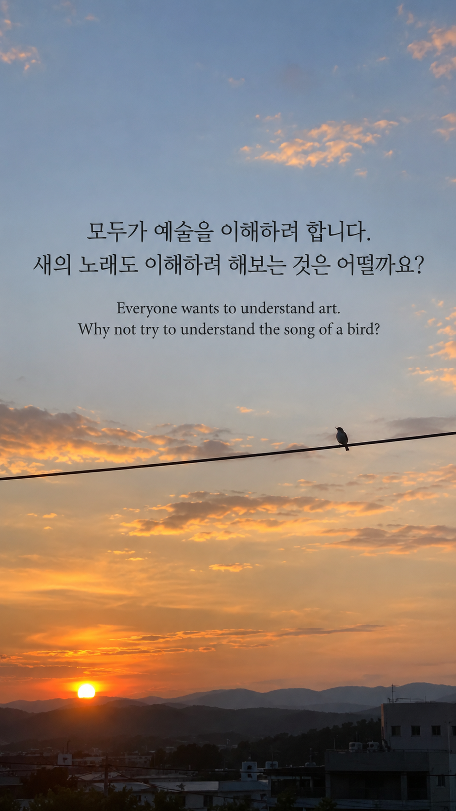 모두가 예술을 이해하려 합니다. 새의 노래도 이해하려 해보는 것은 어떨까요? &mdash; 해 질 무렵 전깃줄에 앉은 작은 새 한 마리와 넓은 하늘, 일상 디지털카메라 사진