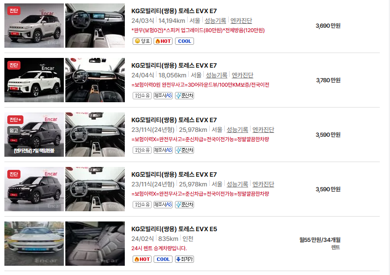 쌍용 토레스 중고차 가격 시세표 유지비