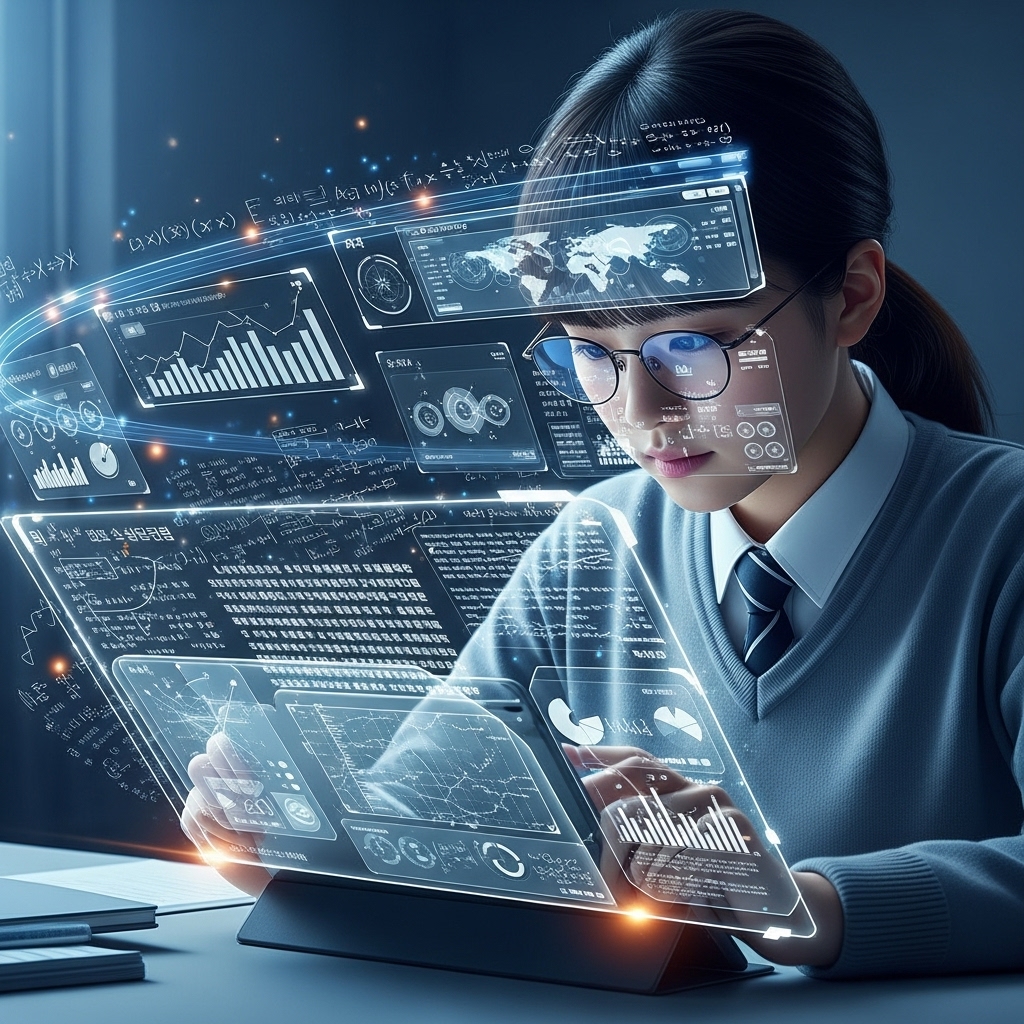 수능 만점을 목표로 AI 학습 도구를 활용해 집중하는 한국 고등학생의 모습, 학습 효율을 높이는 미래지향적 AI 인터페이스가 겹쳐 보인다.