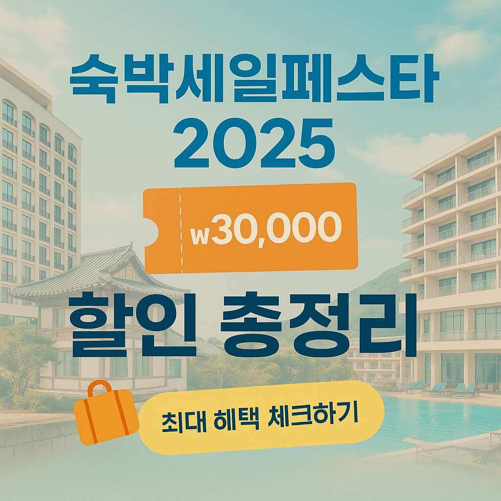 숙박세일페스타 2025 할인 총정리 썸네일 이미지, 호텔과 리조트 배경에 쿠폰과 여행가방 그래픽이 포함된 디자인, 최대 3만원 할인 정보를 강조한 여행 프로모션 이미지
