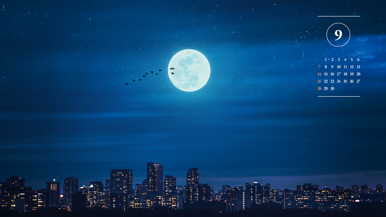 11 빌딩숲 보름달 A - 2025년9월 노트북배경화면
