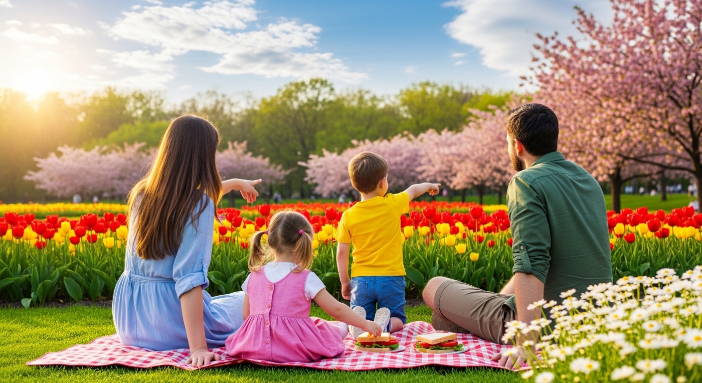 화사한 봄꽃이 만개한 공원에서 돗자리를 펴고 나들이를 즐기는 행복한 가족의 뒷모습
