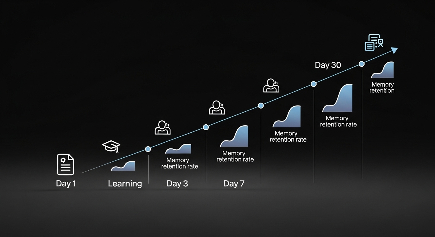 간헐적 반복 복습 주기 시각 자료. 학습 후 1일, 1주일, 1개월 등 시간 간격을 두고 복습함으로써 기억력이 강화되는 과정을 보여줍니다.