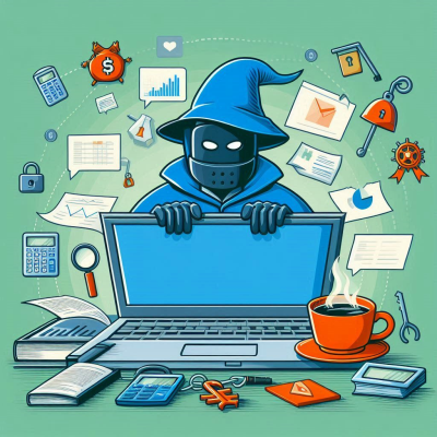 해커와 같은 인물이 데이터와 보안을 위협하는 장면을 묘사한 이미지.