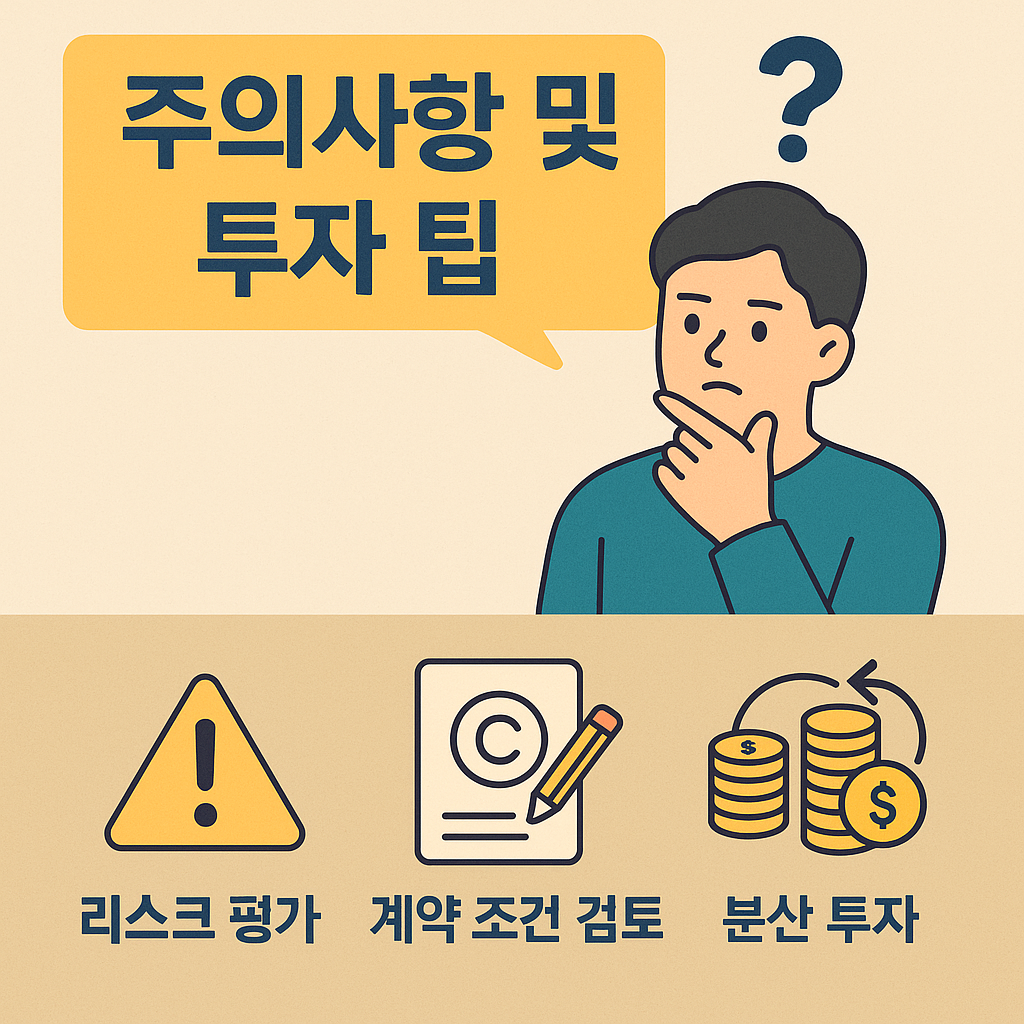 디지털 콘텐츠 저작권 투자 시 유의사항과 실전 팁을 설명한 한국어 인포그래픽 스타일의 이미지. 검증된 플랫폼 이용, 분산 투자 전략, 수익 배분 확인 등 핵심 주의사항이 시각적으로 정리되어 있으며, 콘텐츠와 투자 관련 아이콘이 함께 배치됨.