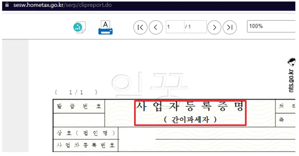사업자등록증명 출력 화면