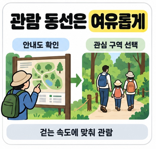 현장 안내도를 확인한 뒤 관심 구역을 선택하고 걷는 속도에 맞춰 관람하는 흐름을 보여 주는 그림