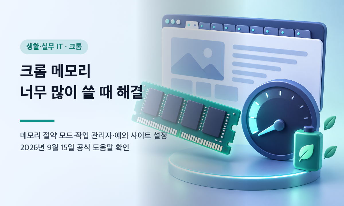 브라우저 창과 메모리 모듈, 사용량 계기판이 함께 놓인 크롬 메모리 절약 설정 일러스트
