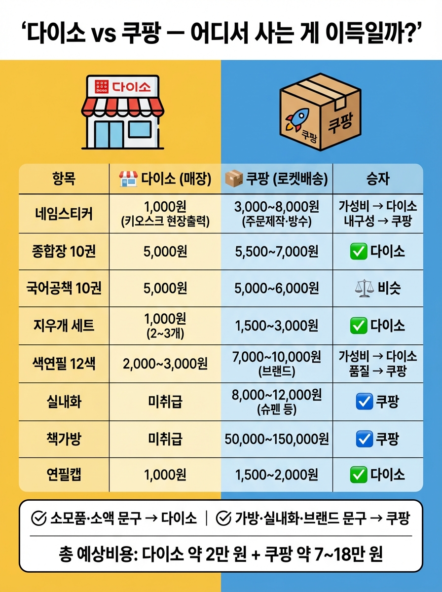 "다이소와 쿠팡 초등학교 입학 준비물 항목별 가격 비교 인포그래픽 - 네임스티커는 다이소 1천원 키오스크 현장출력 쿠팡 3천원부터 8천원 주문제작 방수형으로 가성비는 다이소 내구성은 쿠팡, 종합장 10권은 다이소 5천원 쿠팡 5천 500원부터 7천원으로 다이소 승, 국어공책 10권은 다이소 5천원 쿠팡 5천원부터 6천원으로 비슷, 지우개 세트는 다이소 1천원 2개부터 3개 쿠팡 1천 500원부터 3천원으로 다이소 승, 색연필 12색은 다이소 2천원부터 3천원 쿠팡 브랜드 7천원부터 1만원으로 가성비는 다이소 품질은 쿠팡, 실내화는 다이소 미취급 쿠팡 슈펜 등 8천원부터 1만 2천원으로 쿠팡만 구매 가능, 책가방은 다이소 미취급 쿠팡 5만원부터 15만원으로 쿠팡만 구매 가능, 연필캡은 다이소 1천원 쿠팡 1천 500원부터 2천원으로 다이소 승, 소모품 소액 문구는 다이소 가방 실내화 브랜드 문구는 쿠팡 추천, 총 예상비용은 다이소 약 2만원과 쿠팡 약 8만원부터 13만원 합산 총 10만원부터 15만원"