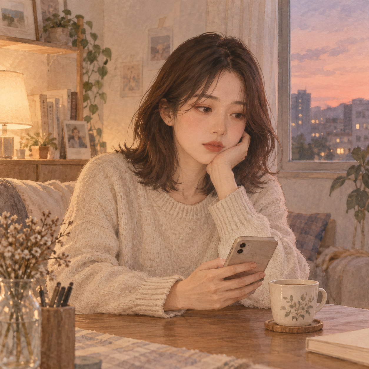저녁 창가에서 휴대폰을 들고 자신의 마음을 돌아보는 수연의 수채화 삽화
