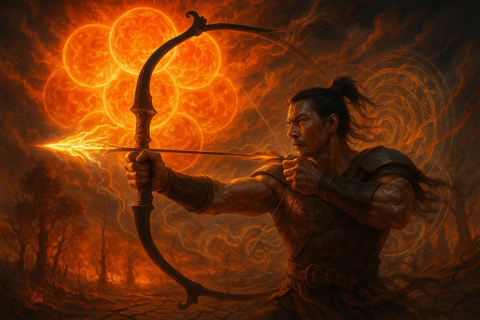 10개의 태양이 불타는 하늘을 배경으로 활을 겨누는 영웅 후예의 비장하고 장엄한 모습을 담은 신화적 일러스트