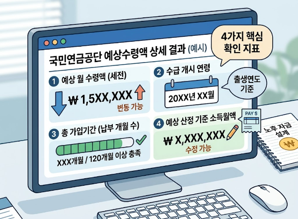 국민연금 예상수령액 조회 결과 화면에서 확인해야 할 핵심 항목을 안내하는 인포그래픽 이미지