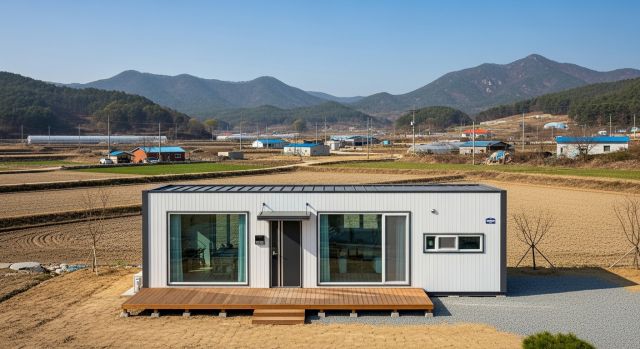 한국 농촌 지역에 설치된 세컨드하우스용 소형 모듈러주택 모습
