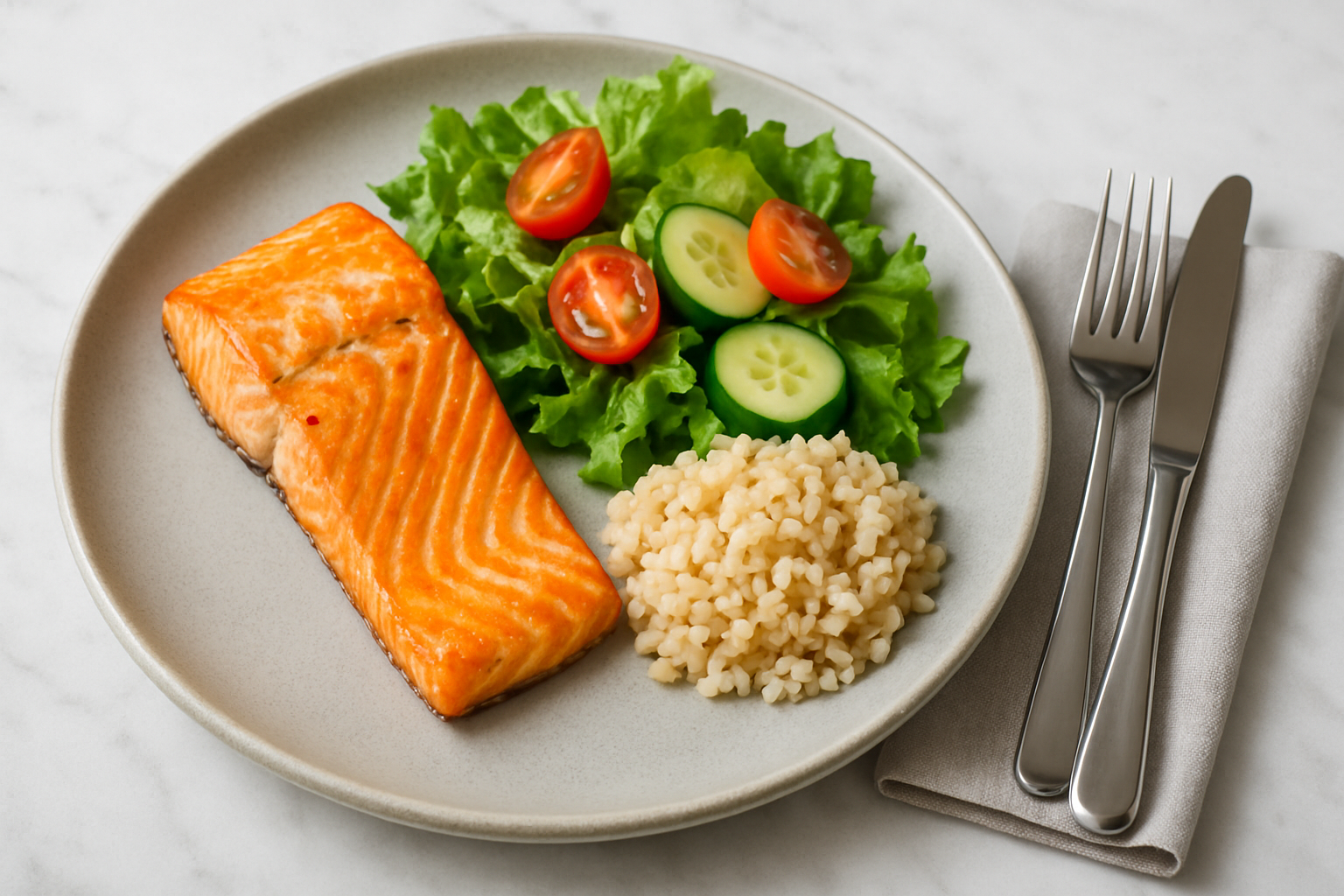 연어&middot;샐러드&middot;현미로 구성한 1:2:1 식단, 식사 뒤 혈당 피크 완화를 돕는 실제 메뉴 예