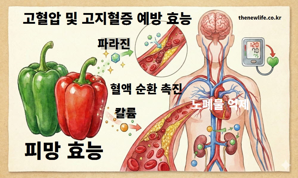 피망 효능 중 혈관을 깨끗하게 하여 고혈압과 고지혈증을 예방하는 원리를 시각적으로 안내하는 이미지