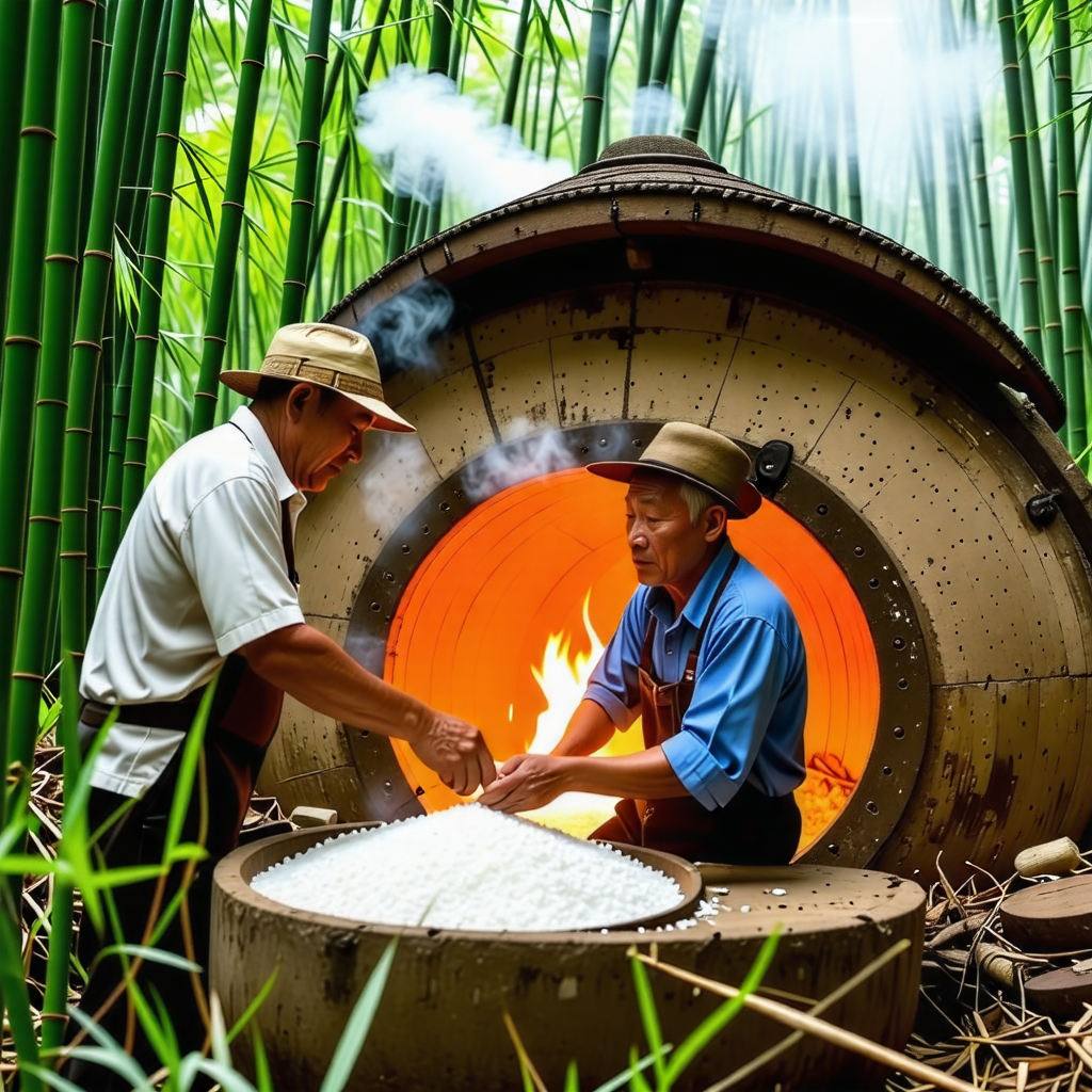 대나무 숲속의 가마에서 소금을 굽고 있는 두 어르신의 이미지