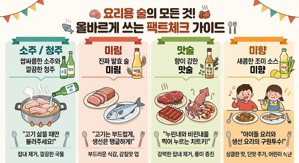 요리용 술의 모든 것! 소주, 미림, 맛술, 미향 200% 올바르게 쓰는 팩트체크 가이드