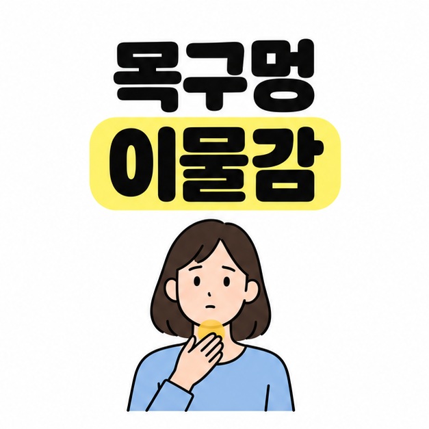 목구멍 이물감 제목 아래 목 앞에 손을 대고 목 부위를 노란 원으로 표시한 사람의 대표 이미지
