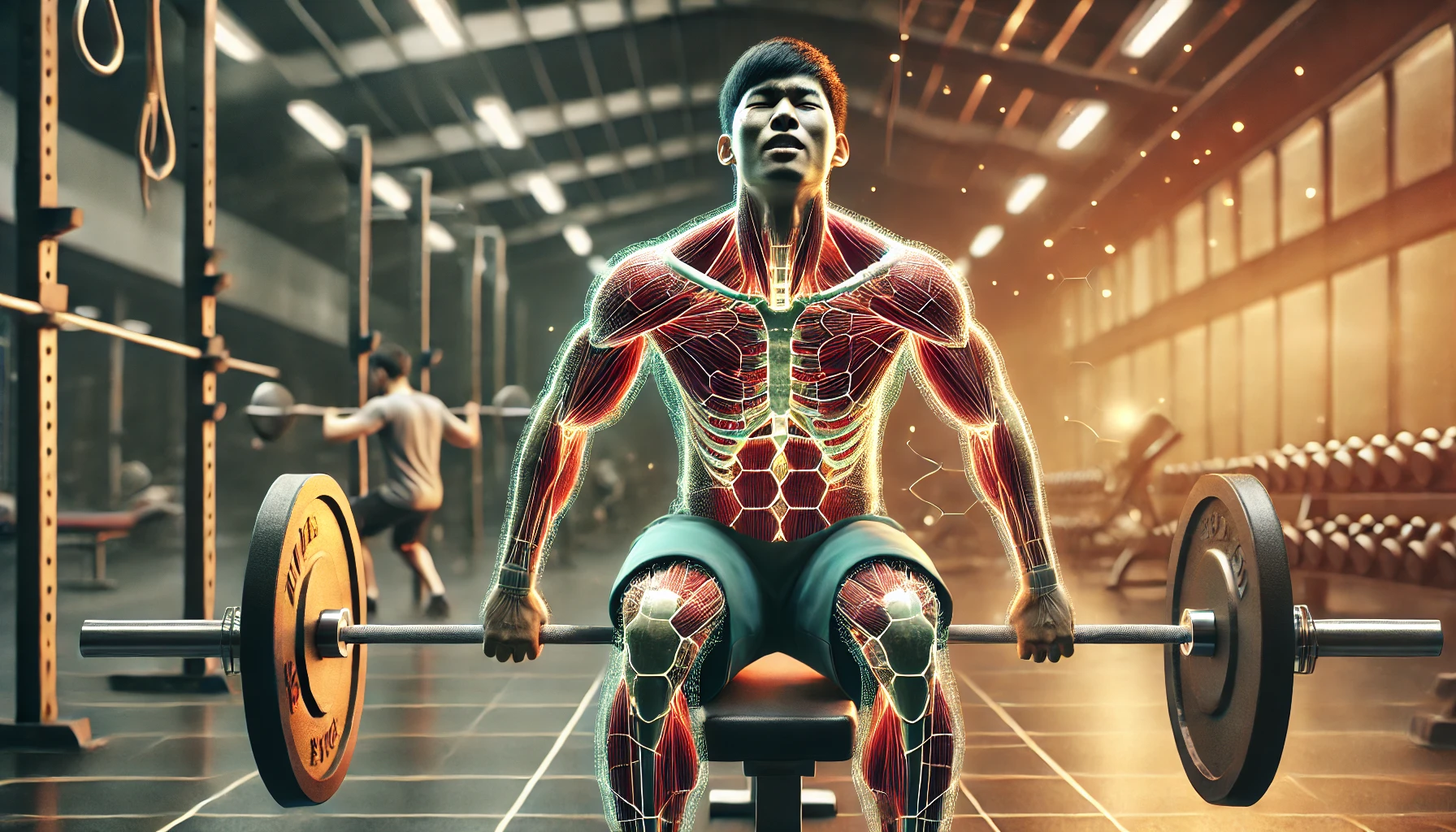 벤치프레스 중인 한국 남성 운동선수의 근육 부하 및 통증 메커니즘을 표현한 의료 일러스트. 가슴 근육, 삼두근, 삼각근이 강조된 반투명 해부학적 오버레이, 어깨 뒤쪽과 후면 삼각근이 붉게 표시되어 부하 및 통증을 나타냄.