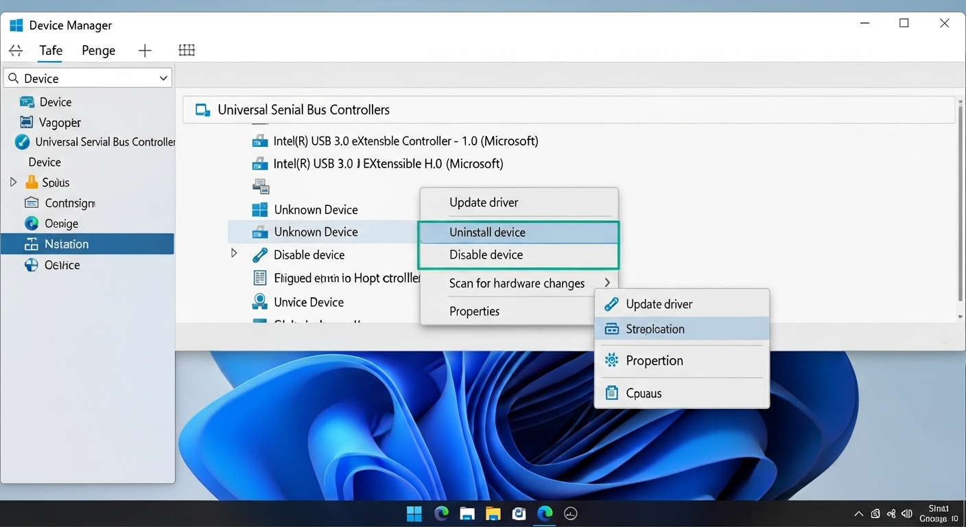 윈도우 장치 관리자에서 USB 드라이버 업데이트 또는 제거를 선택하는 화면.