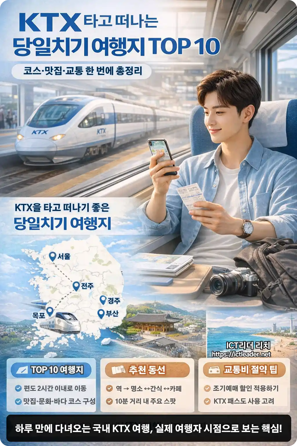 KTX 당일치기 여행 코스와 맛집 정보를 소개하는 남성 중심 실사형 인포그래픽