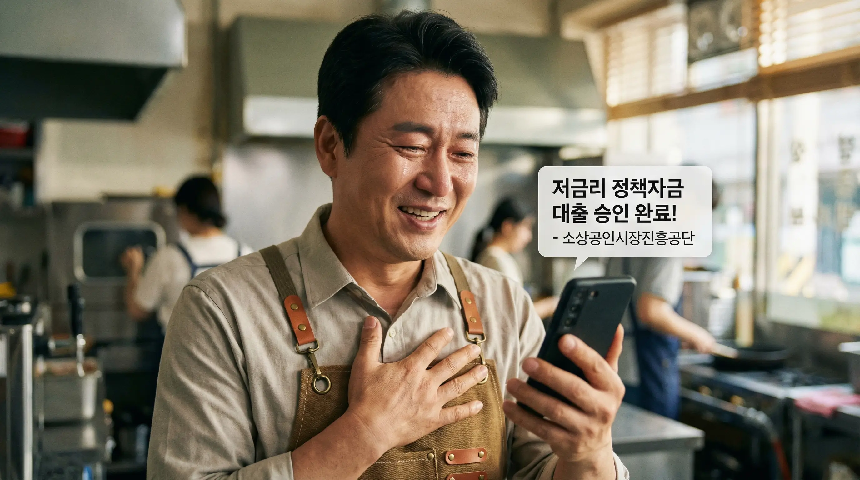 스마트폰으로 저금리 정책자금 대출 승인 알림을 확인하고 안도하는 개인사업자 사장님의 모습