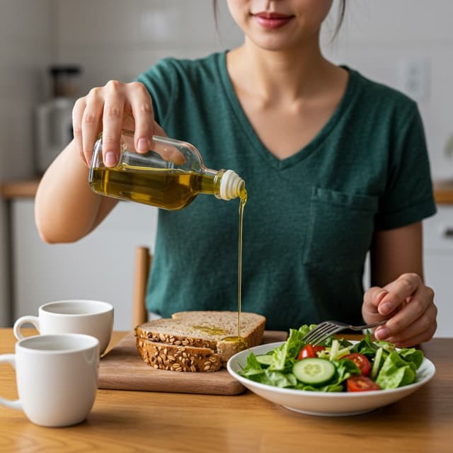 식사와 함께 올리브오일을 사용하는 건강한 아침 식탁