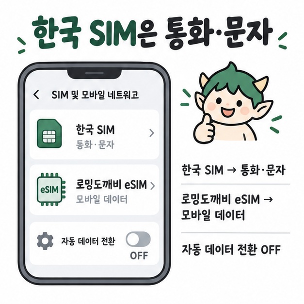기존 한국 SIM은 통화와 문자, 로밍도깨비 eSIM은 모바일 데이터로 설정하는 듀얼심 구성을 보여주는 카드