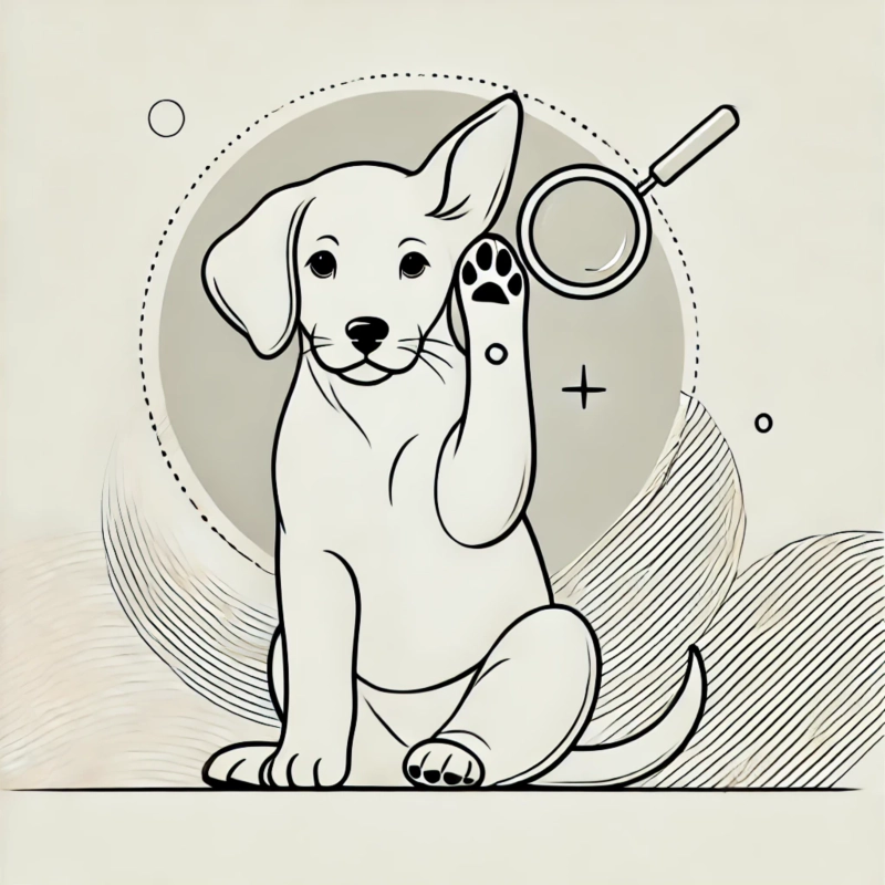 귀를 긁는 강아지의 동작과 귀 근처의 확대경 요소는 귀 건강과 진단을 상징합니다