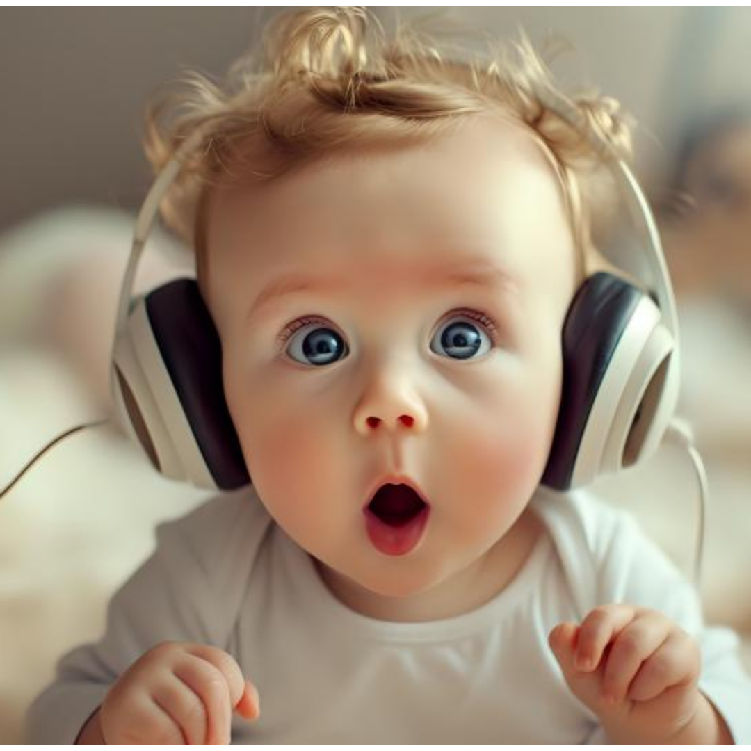 귀에 헤드셋을 뀌고 놀란 표정을 짓고 있는 아기의 모습