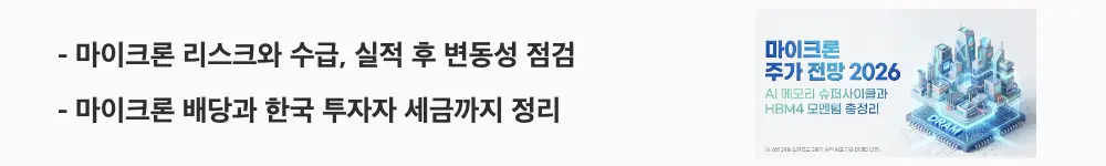 마이크론 주가전망: '마이크론 리스크와 수급, 실적 후 변동성 점검'이라는 문구가 포함된 웹배너 이미지. 이 이미지는 마이크론의 핵심 리스크와 수급 구조, 배당 정보를 시각적으로 전달하며, 블로그의 마이크론 리스크와 배당 체크포인트 주제와 관련된 내용을 설명함