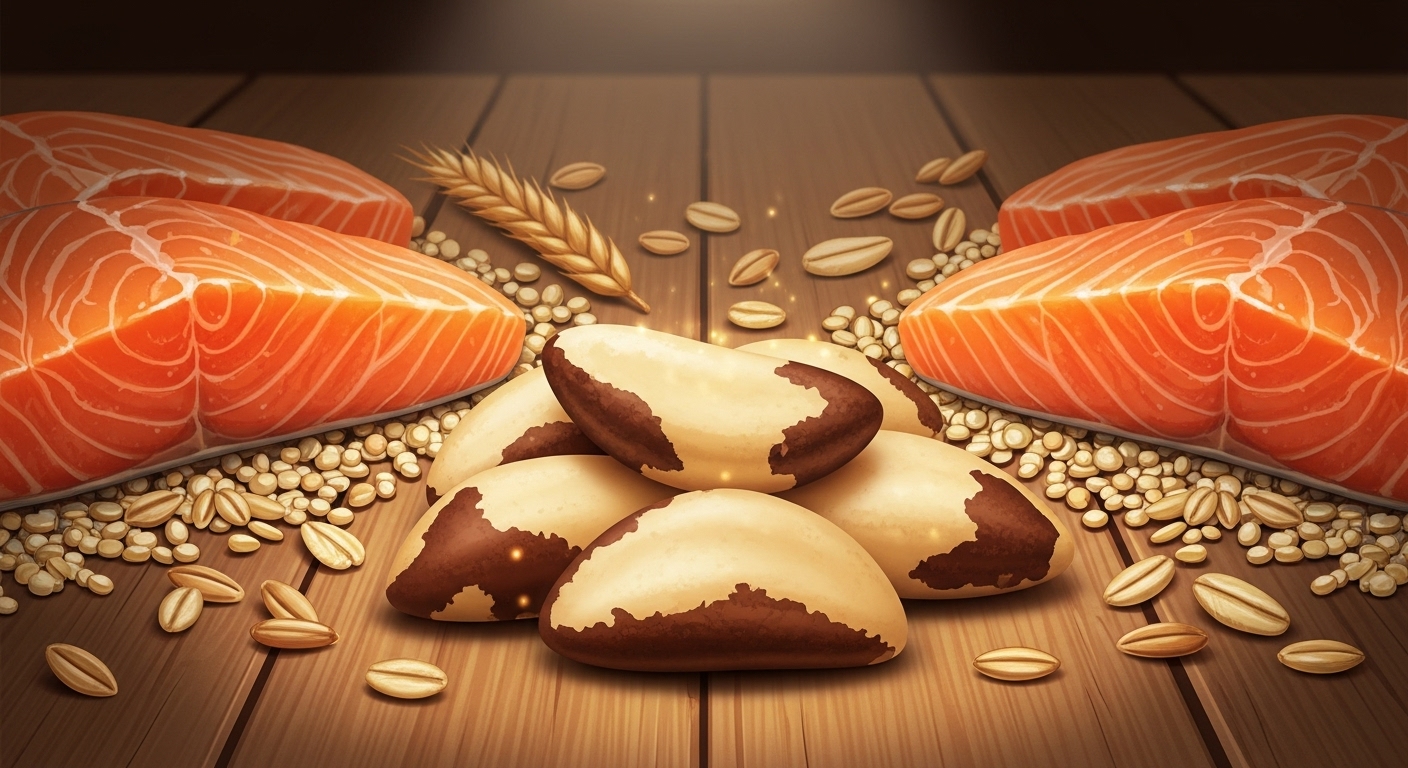 브라질너트, 연어, 통곡물 등 셀레늄이 풍부한 식품들이 나무 테이블에 놓여 있는 모습.