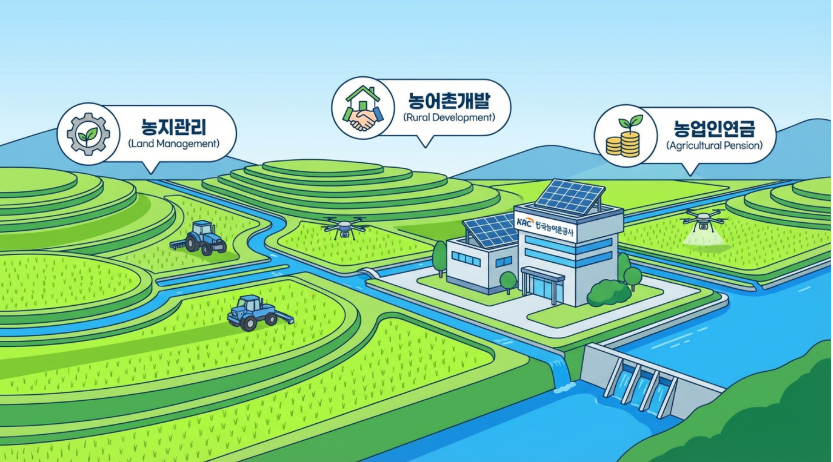 한국농어촌공사의 농업기반시설 관리와 농지은행 사업을 나타내는 일러스트
