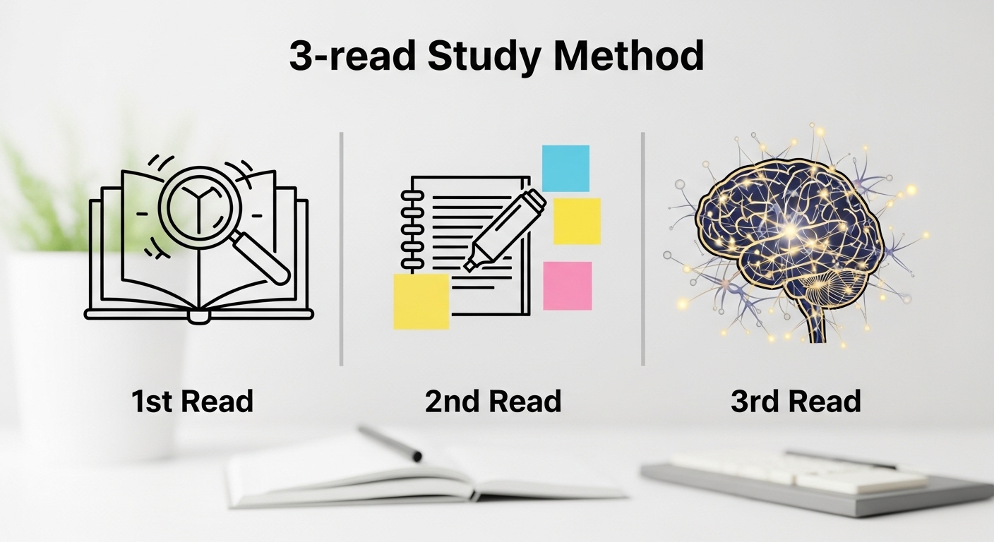 이해, 정독, 암기 3단계로 구성된 3회독 공부법의 과정을 시각적으로 설명하는 인포그래픽