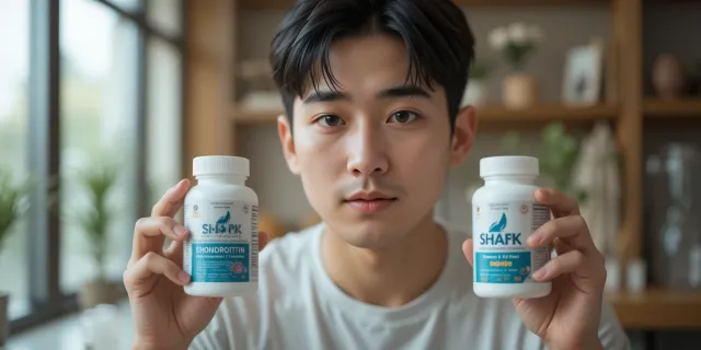 두 가지 보충제를 비교하며 철갑상어 유래 콘드로이친을 선택하는 모습