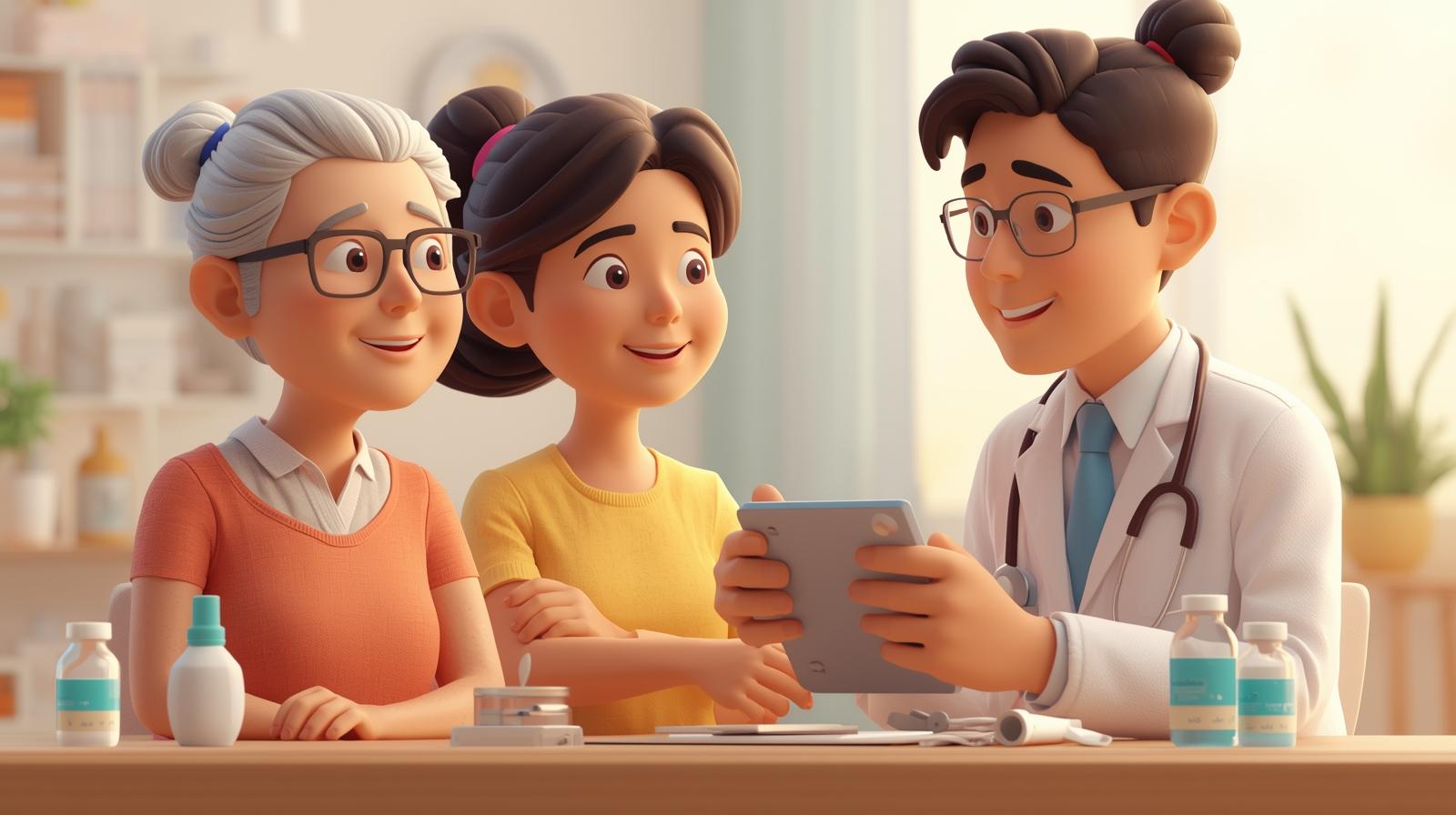 노인 가족이 의사와 예방접종 일정을 상담하는 3D 삽화