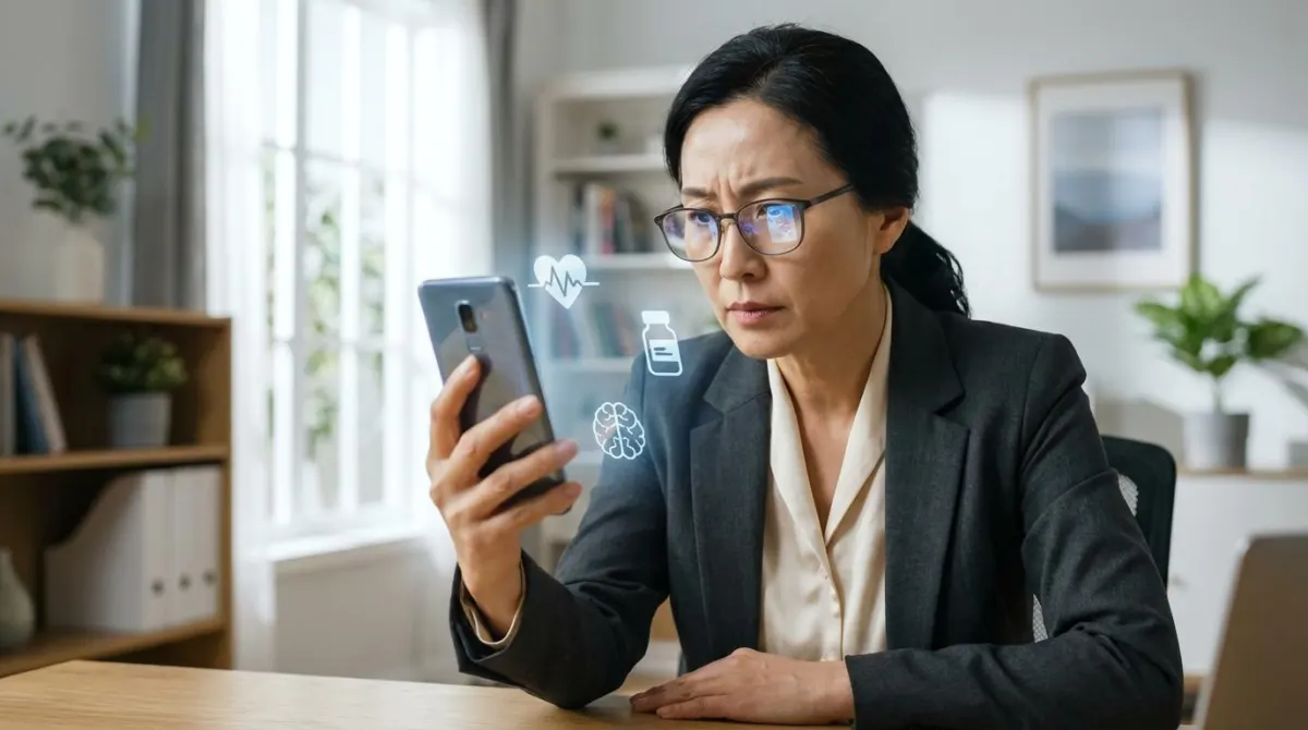스마트폰을 진지하게 바라보며 챗GPT로 건강 정보를 분석하고 있는 50대 한국인 여성의 모습