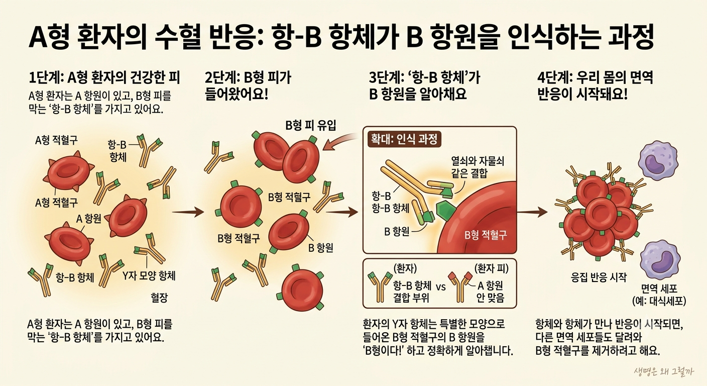 A형 환자의 항-B 항체가 B 항원을 가진 적혈구를 인식하는 과정