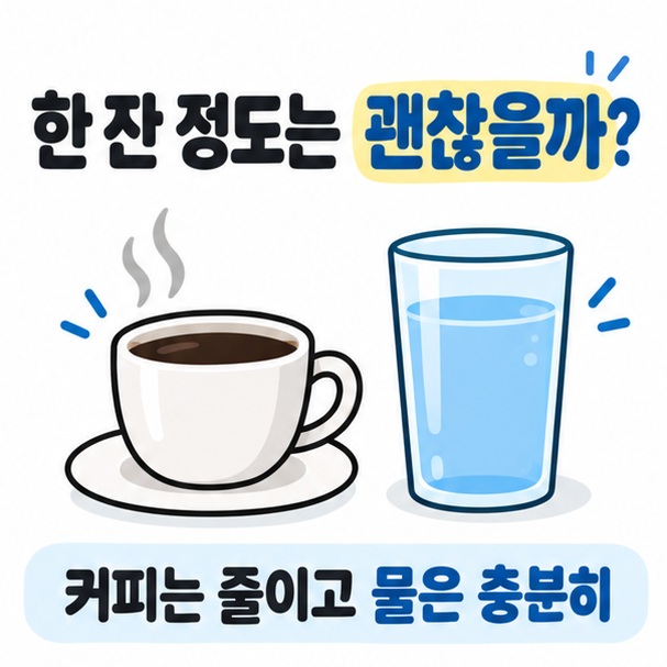 가벼운 감기에는 커피를 줄이고 물을 함께 마시는 모습을 비교해 보여주는 카드