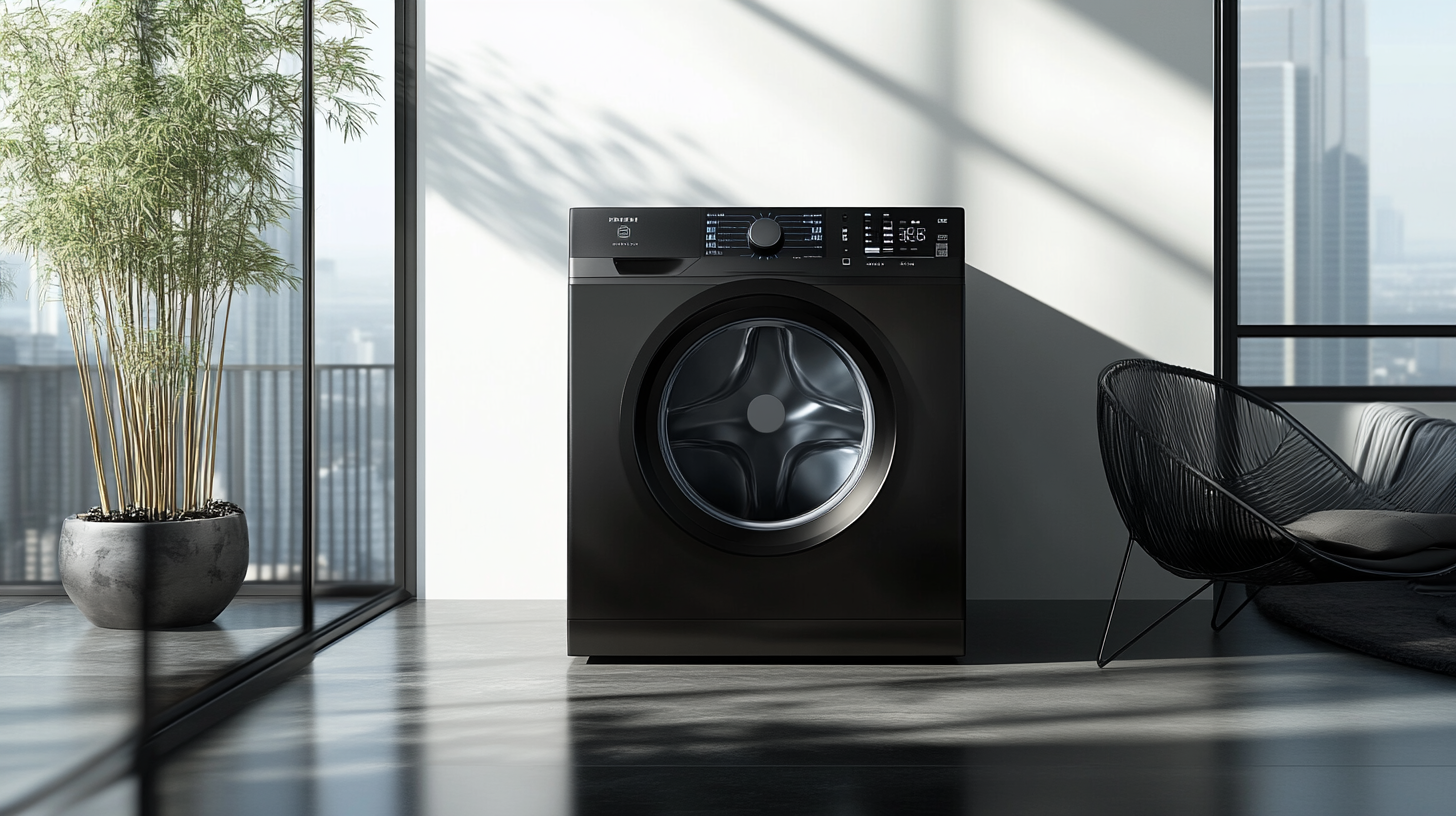 최신형 AI 인터페이스가 탑재된 블랙 색상의 세탁기가 최소주의 인테리어에서 자연광과 함께 돋보이는 모습