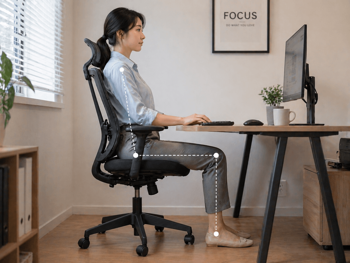 여자가 바른 자세로 앉아있는 사진