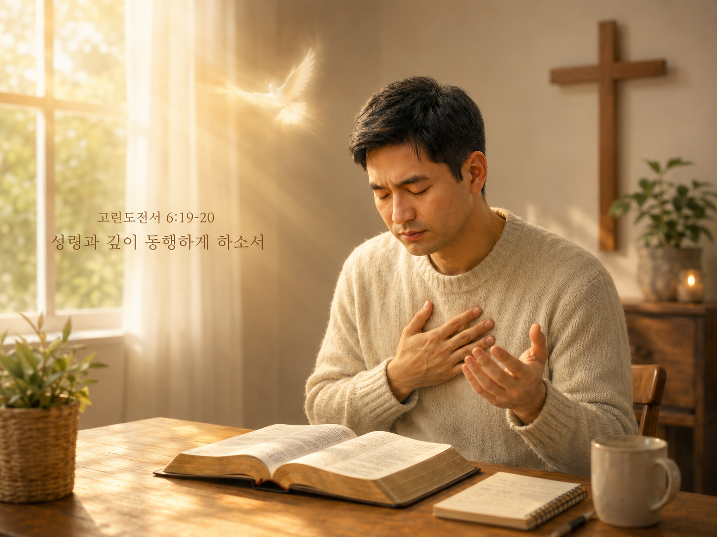 고전 6:19-20 말씀에서 제 몸을 거룩하며 성결하게 생각하여 하나님께서 주신 성령과 깊이 동행하며 성령 안에서 살기 위해 몸을 거룩히 지킨다는 모토를 가지고 성령과 깊이 동행하는 시간을 갖는 모습입니다.