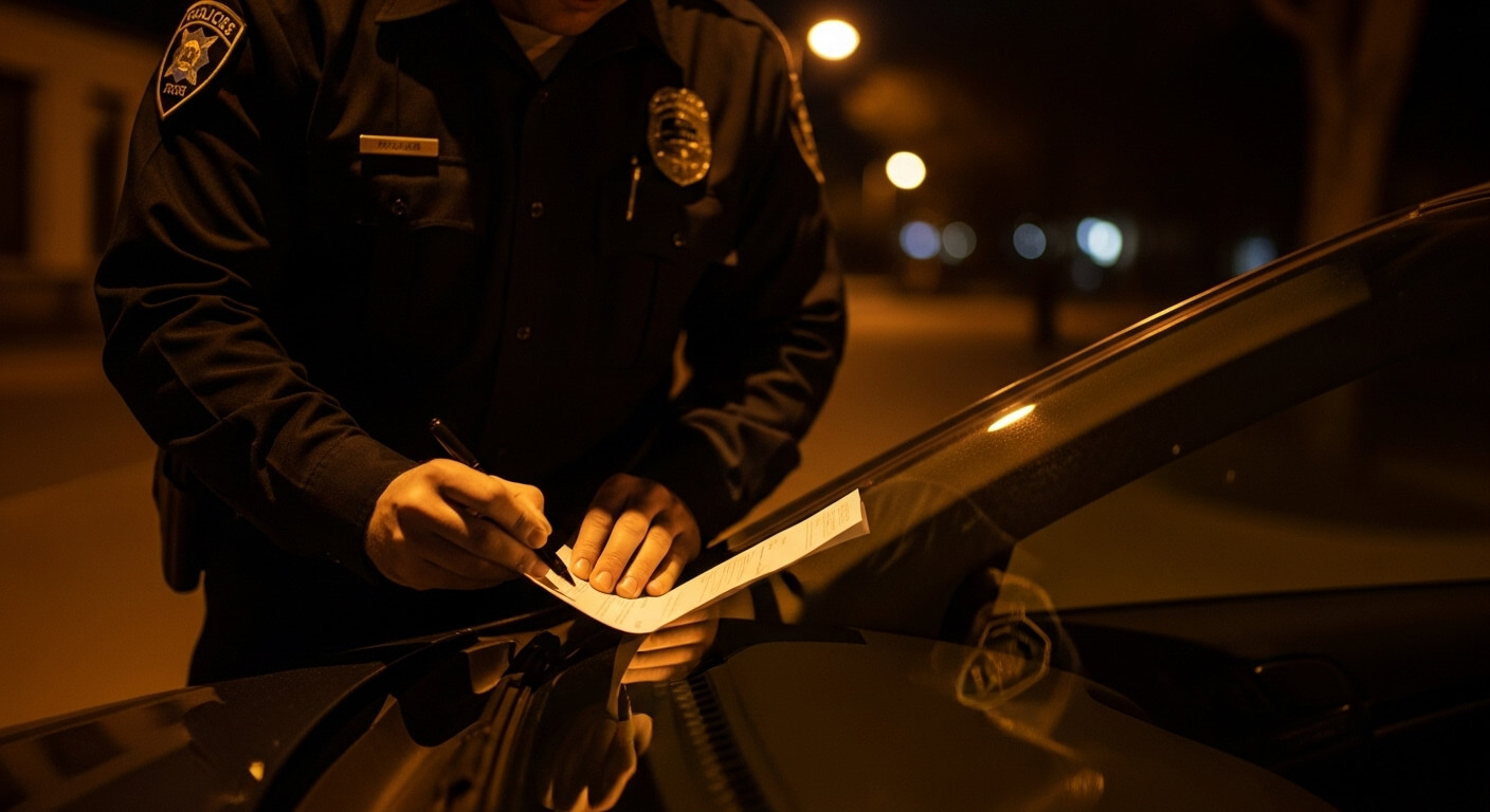 경찰이 야간 도로에서 차량 단속 과태료를 작성하는 모습