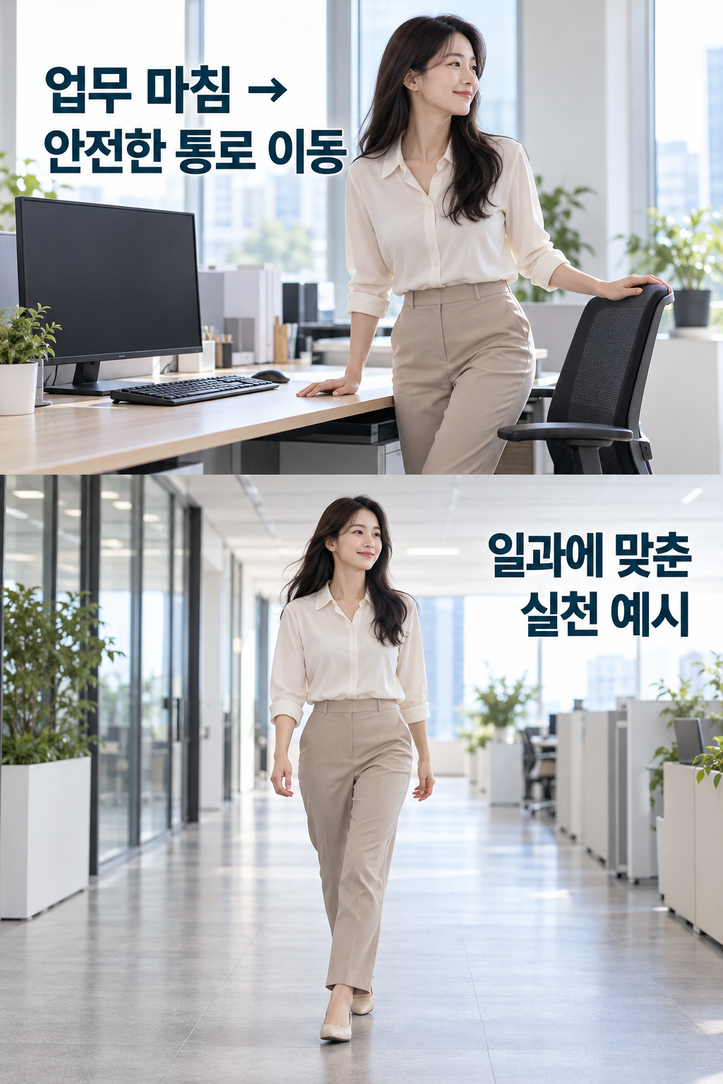 파일 전송을 마친 직장인이 의자에서 일어나 통로로 향하는 연속 장면