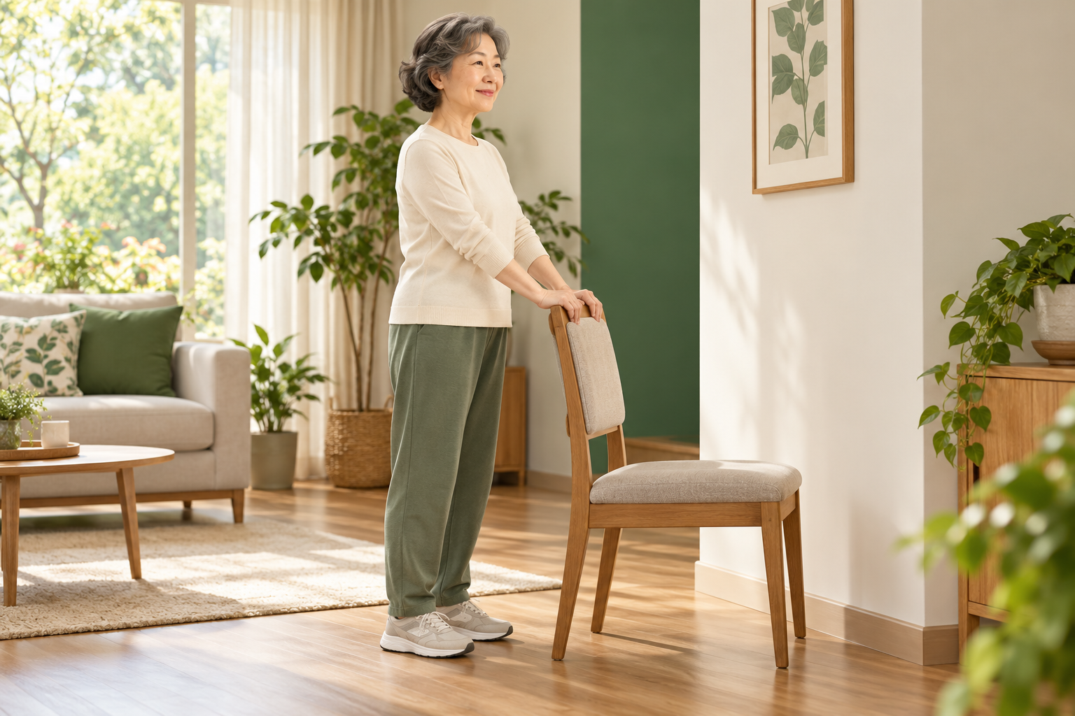 안정된 의자 옆에서 두 발을 바닥에 두고 등받이를 잡아 운동을 준비하는 중장년의 그림