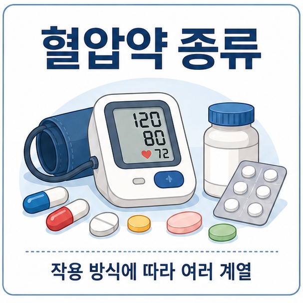 혈압계와 여러 종류의 처방약을 배치해 혈압약이 작용 방식에 따라 여러 계열로 나뉜다는 점을 보여 주는 그림
