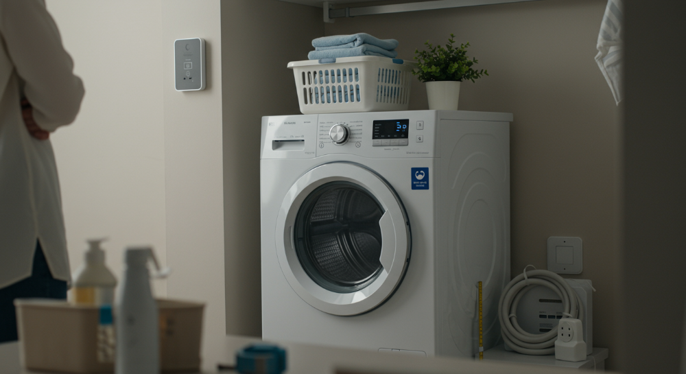 2025년 건조기 설치 전 필수 체크리스트를 시각적으로 보여주는 이미지. 깔끔하게 설치된 건조기와 함께 설치에 필요한 줄자, 전기 콘센트, 배수 호스 등이 정돈된 모습으로 배치되어 건조기 설치의 중요 요소를 강조한다.