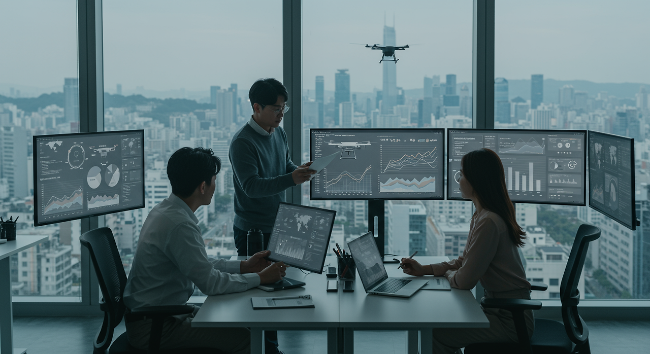 도심 전경이 보이는 오피스에서 AI 및 드론 기술 관련 성장 분야를 검토하는 한국 비즈니스 분석가들